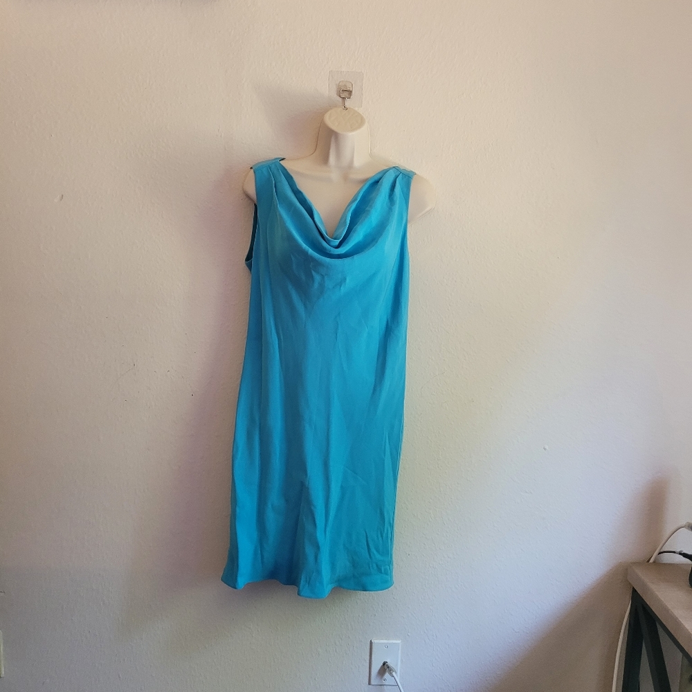 TORY BURCH 100% SILK TURQUOISE COWL NECK SLEEVELESS DRESS